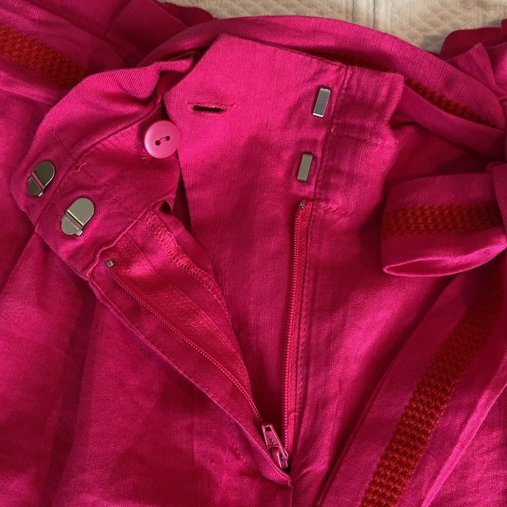 LOFT Linen Aztec High Waisted Belted Paper Bag Embroidered Shorts Pink Red White - Picture 11 of 13